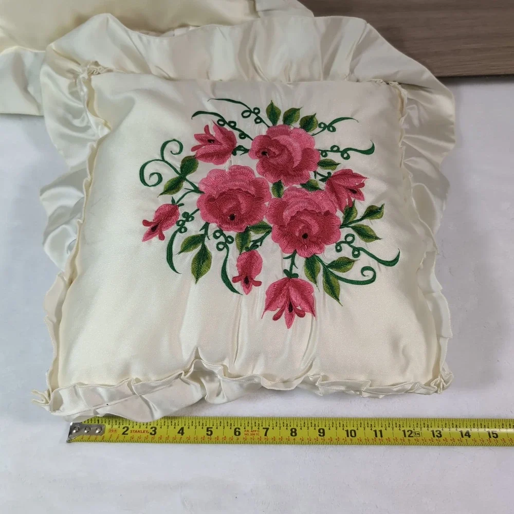Vintage Satin Ruffle Embroidered Pillows Set of 2 Pink Floral Cottagecore Frilly